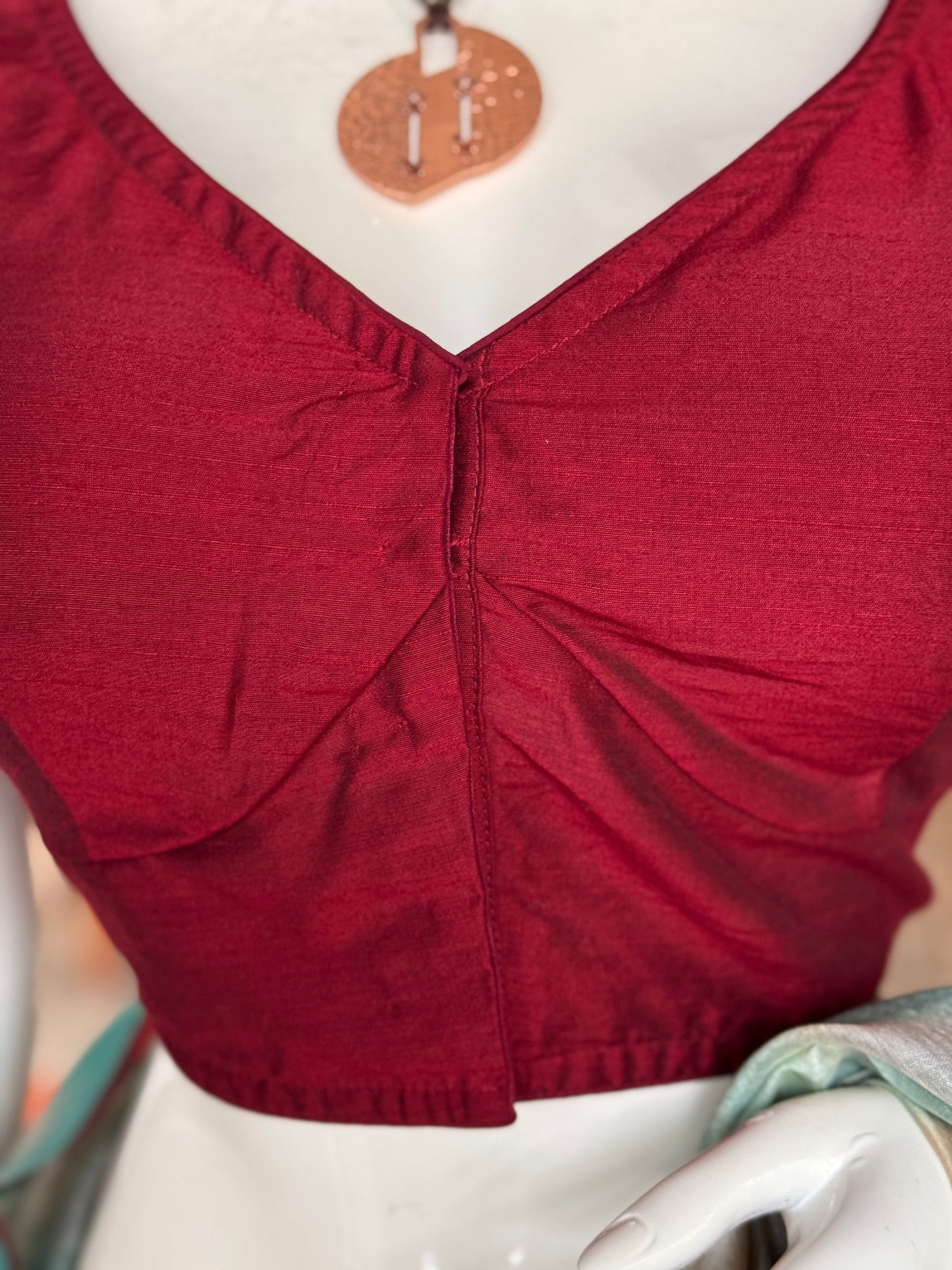 Maroon silk sleeveless padded back open blouse with lining