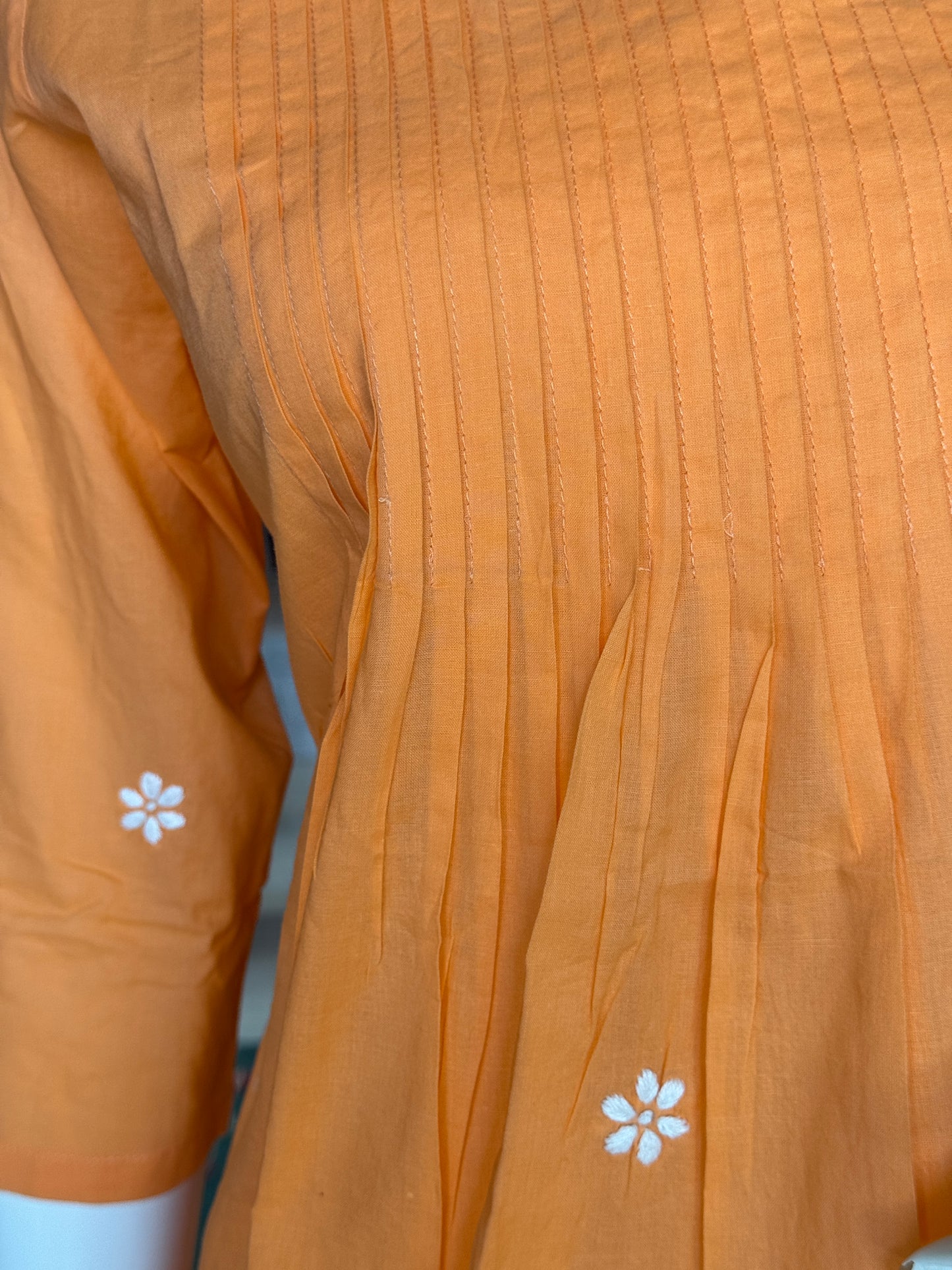 Kanakambar orange hand embroidered pintucks cotton kurta with white pants - 2 piece set