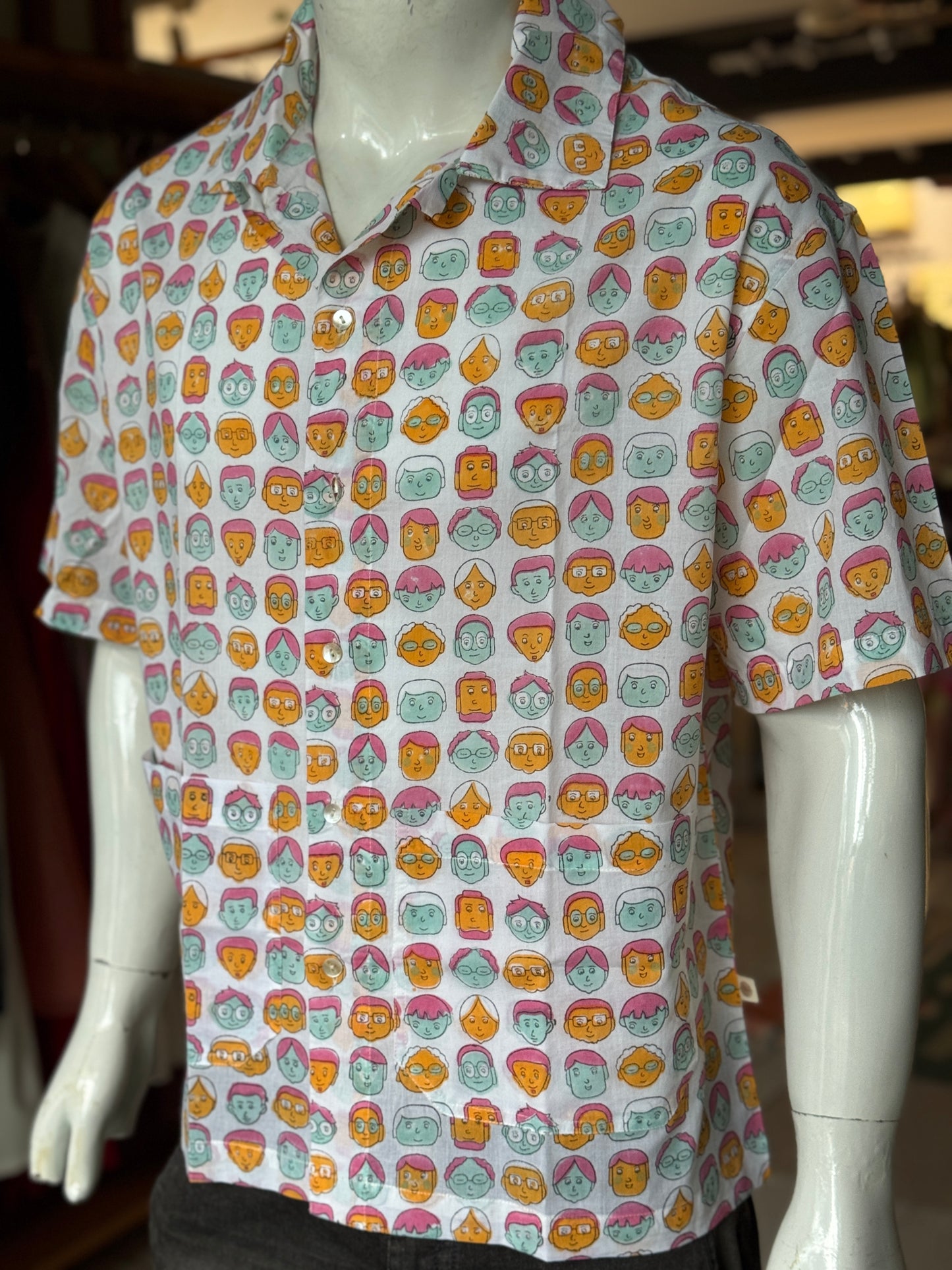 Colorful faces print half sleeves mens hand block printed band collared cotton shirt - vacation vibes