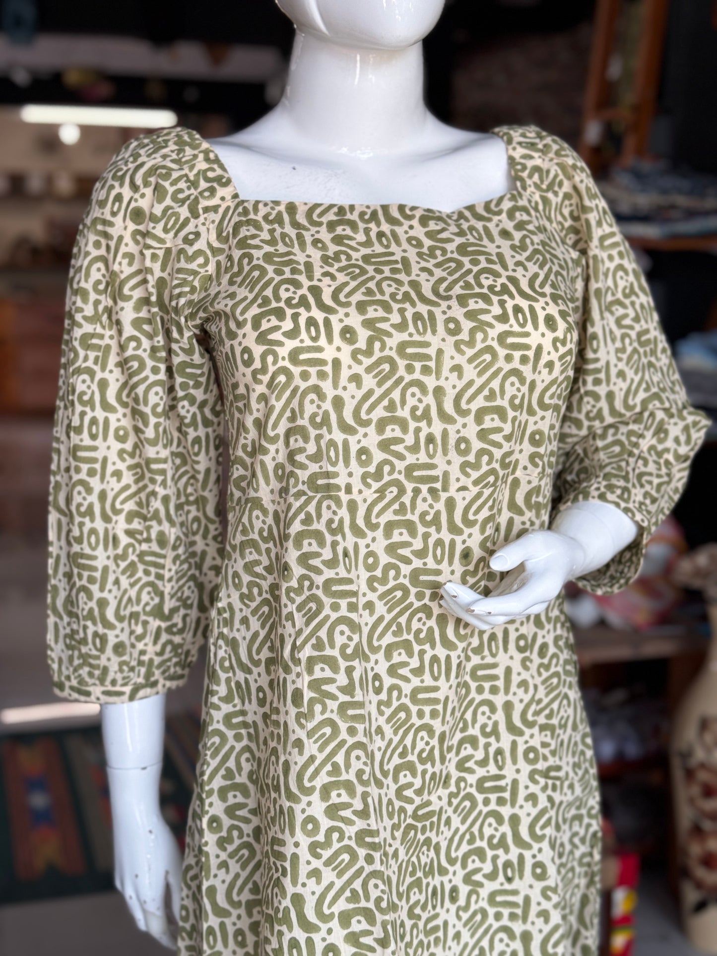 Olive green maze hand block printed short cotton dress
