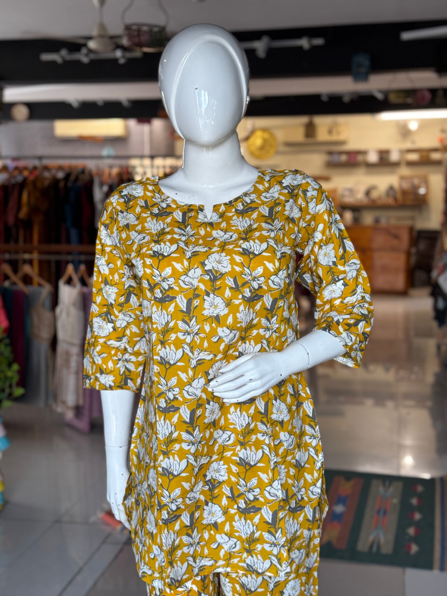 Mustard floral printed cotton 2 piece lounge wear / night dress set