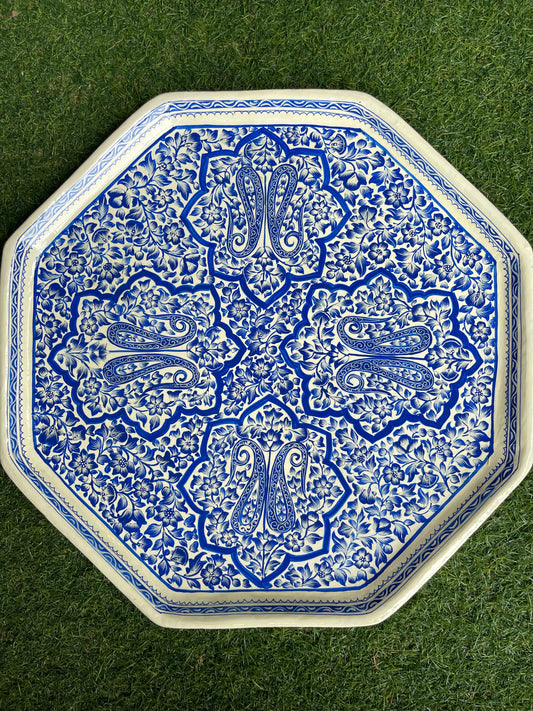 White and blue paisley design hand painted Papier mache serving tray