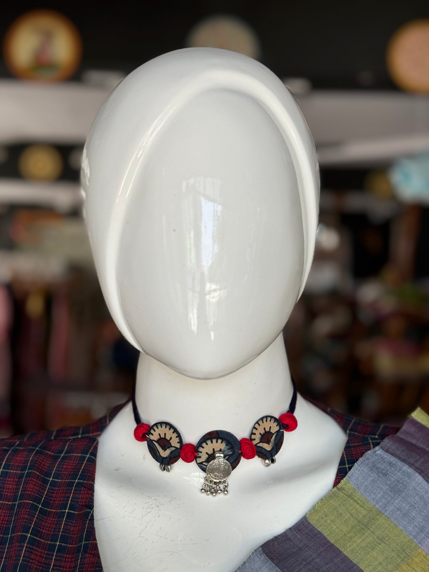 Hand block printed cotton fabric and oxidised silver handcrafted choker neckpiece and earrings set