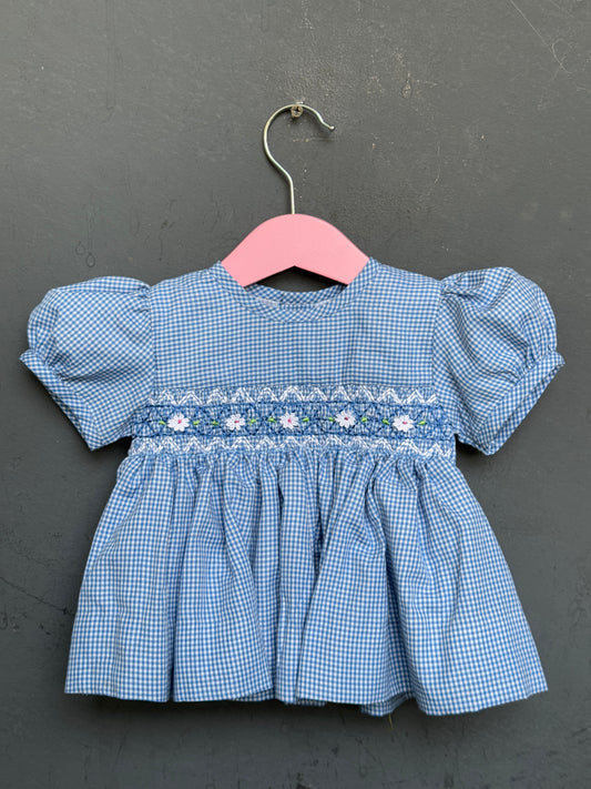 Blue checks smocking round neck cotton frock with hand embroidery