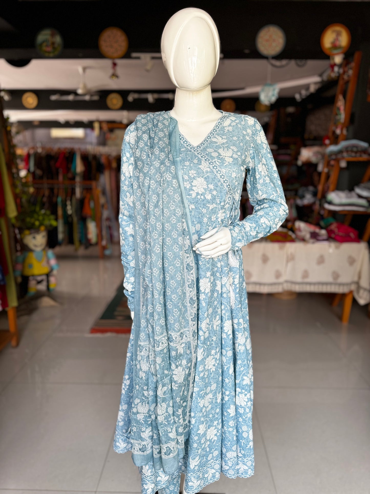 Powder blue floral print cotton flared angrakha style Kurti, pants and dupatta set