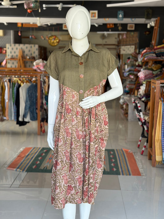 Green denim weave cotton hand woven playful shirt look dress with Kalamkari hand block prints