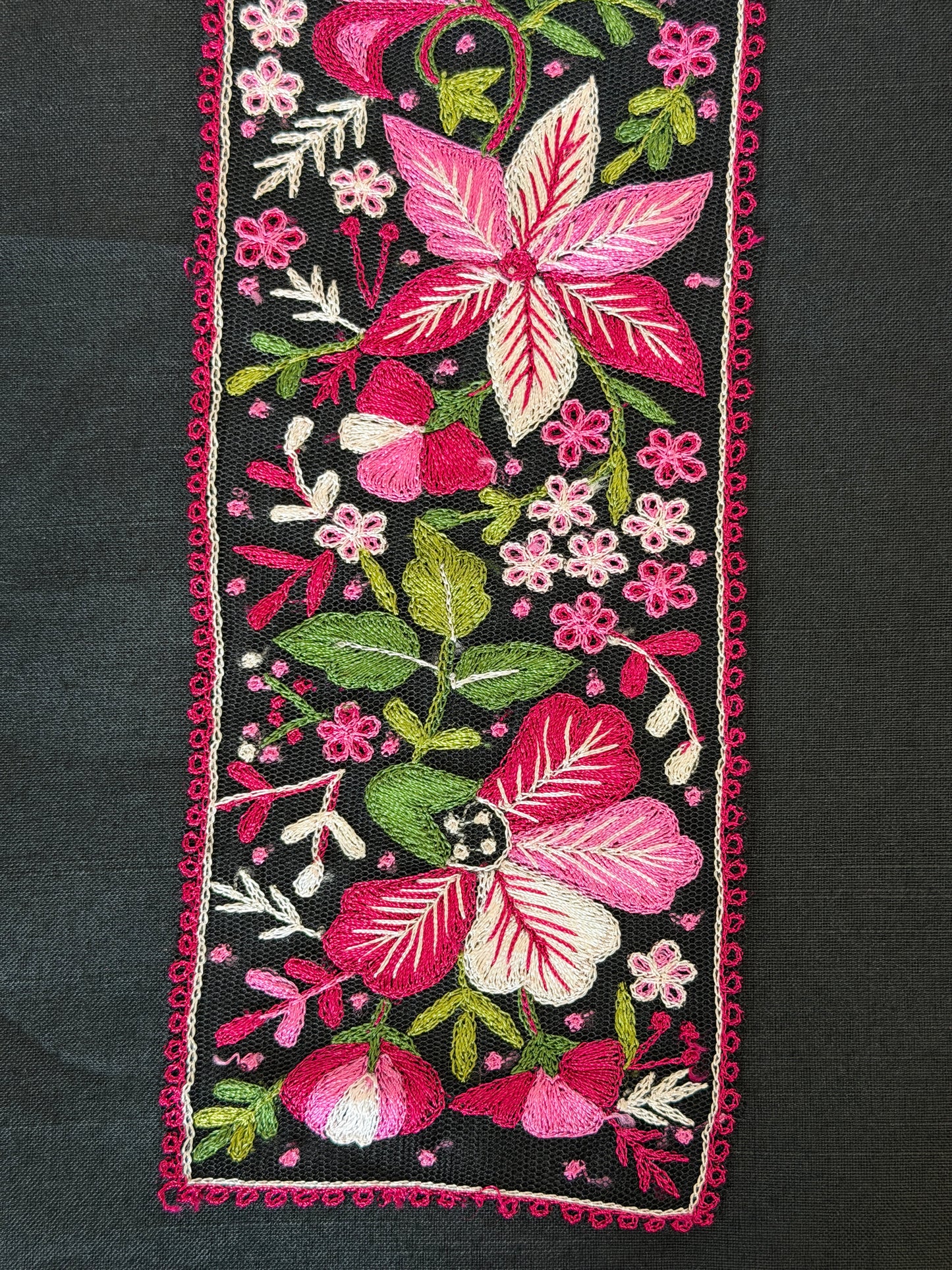 Pink flowers and leaves embroidered patch border on black net base