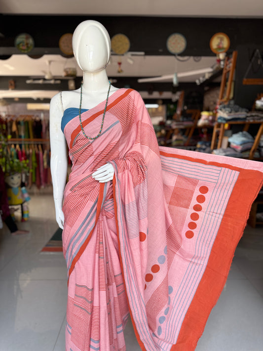 Pink orange circles and stripes cotton hand spun, hand woven, hand block printed saree