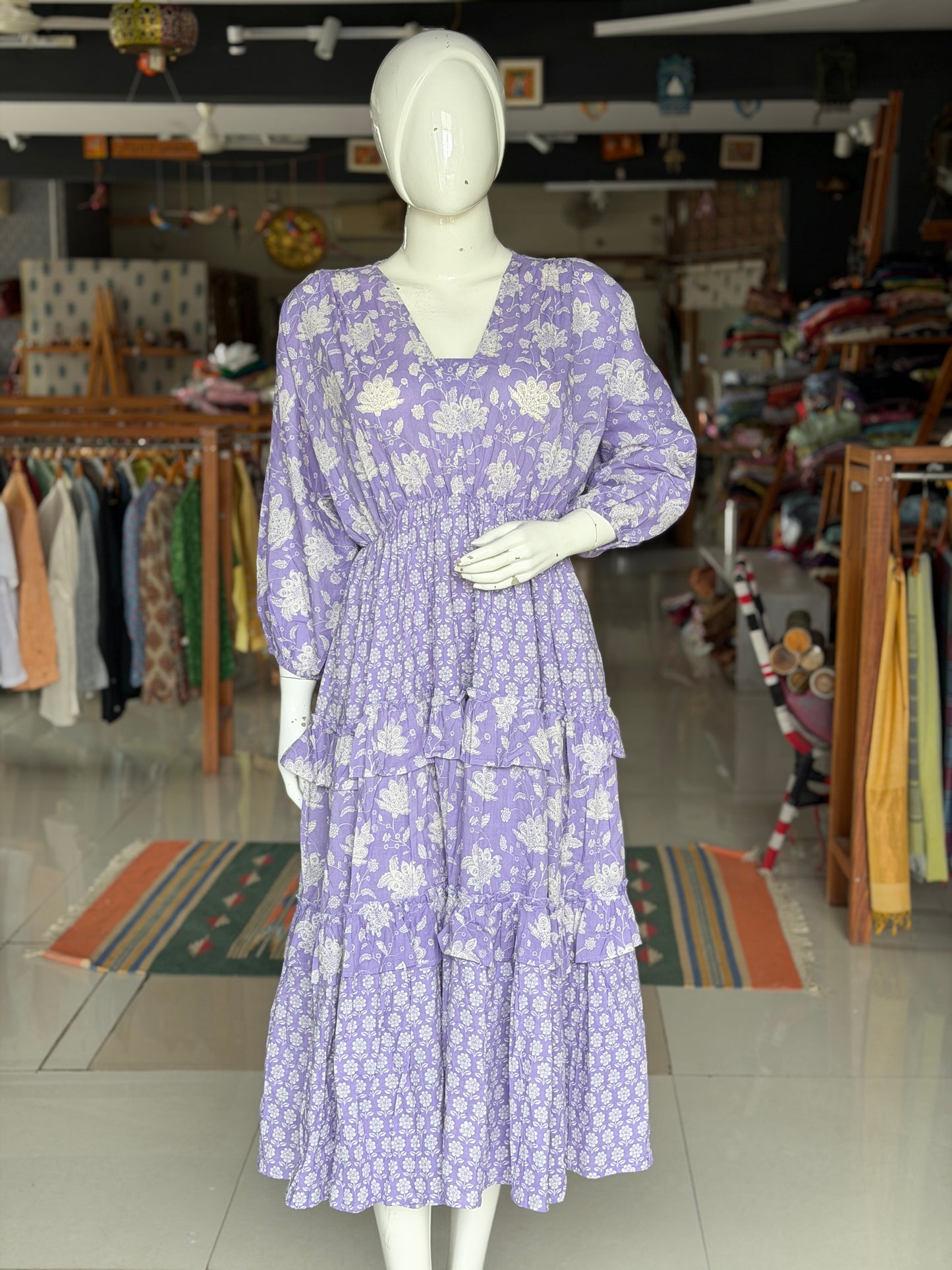 Lavender floral cotton tiered frills dress - free size with elastic waist