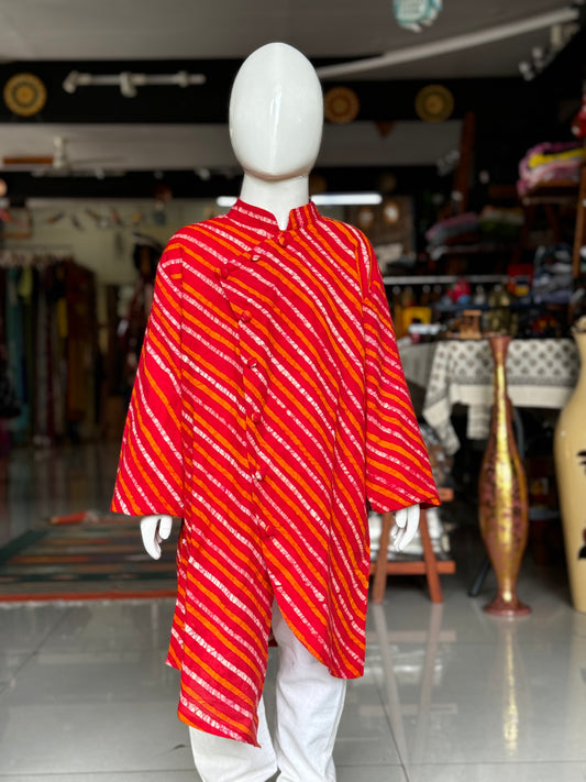 Red batik stripes cotton kurta for boys with asymmetric buttons