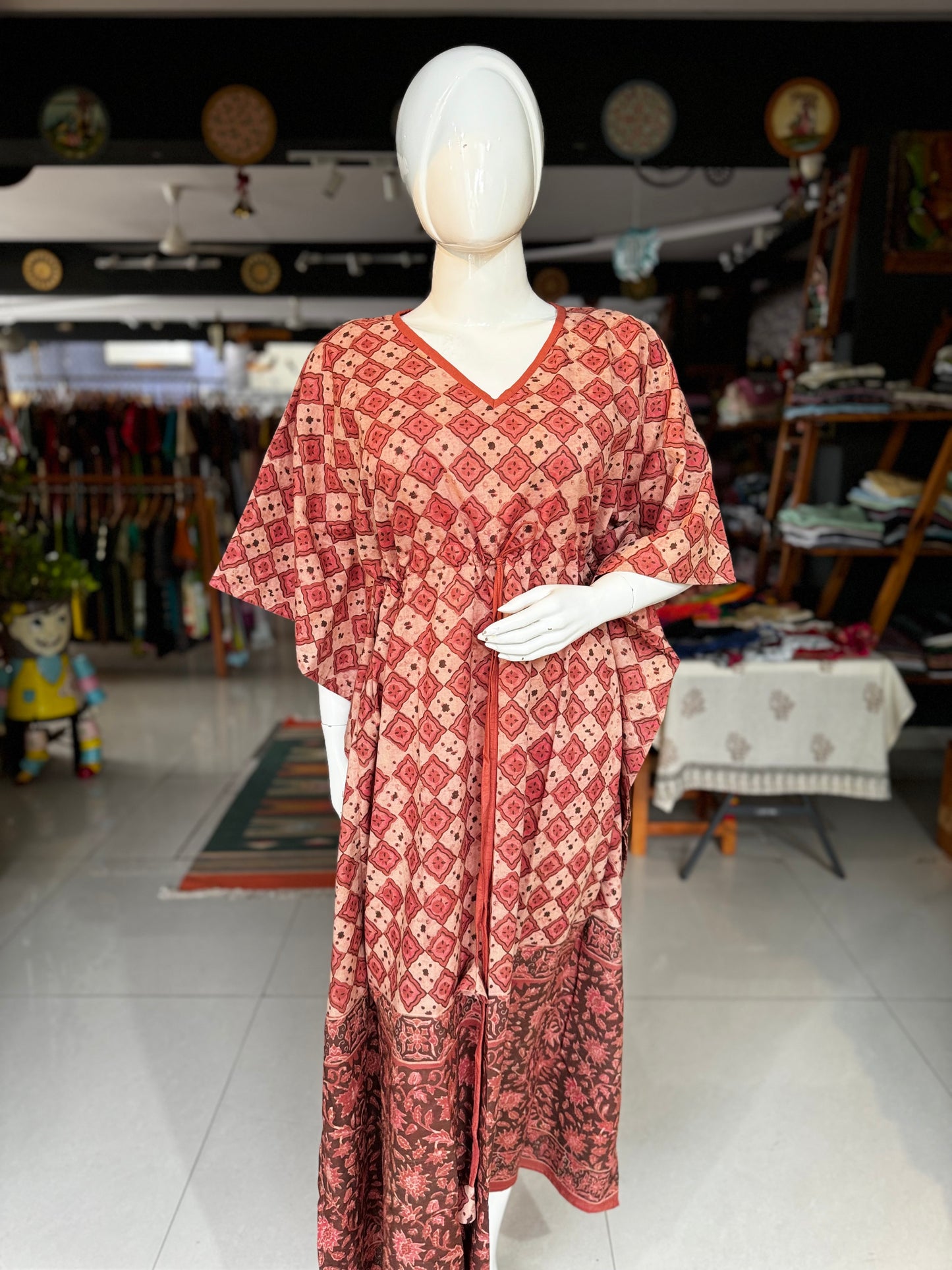 Hand block printed cotton long kaftan nighty