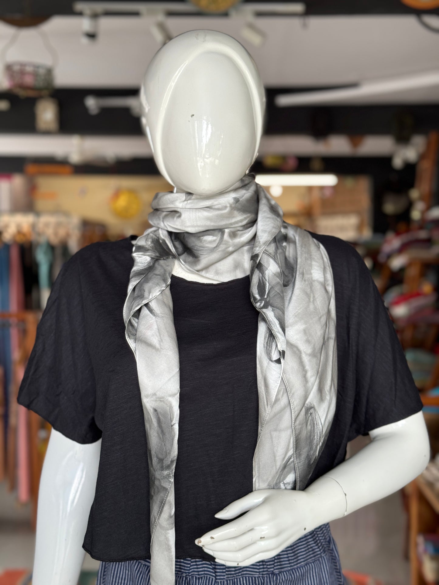 White and grey handpainted modal satin scarf