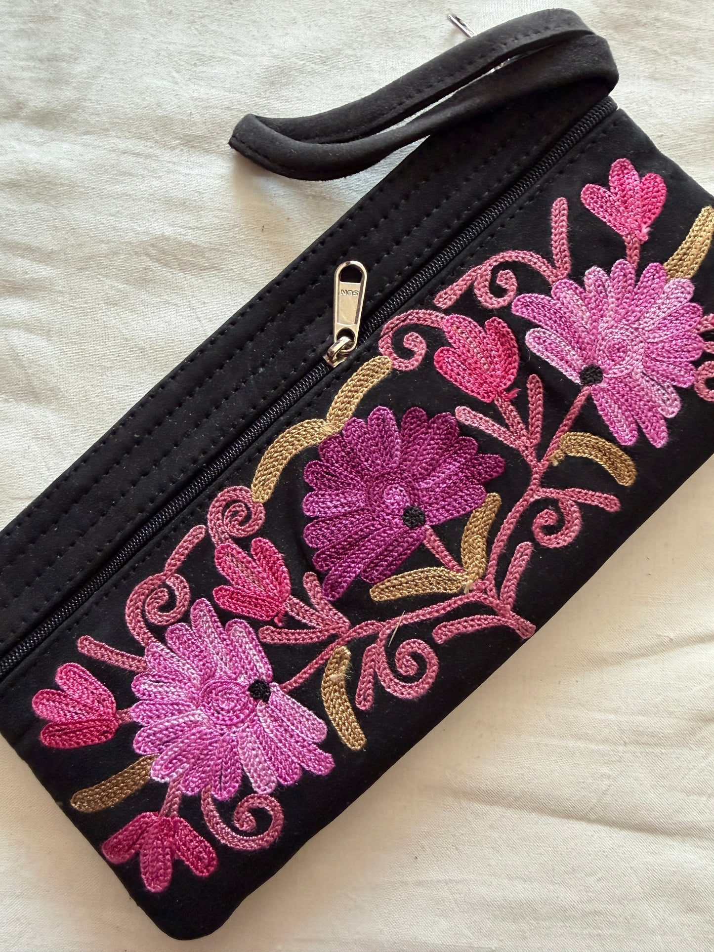 Wristlet pouch with Kashmiri floral Aari embroidery - 3 zippers - color options available