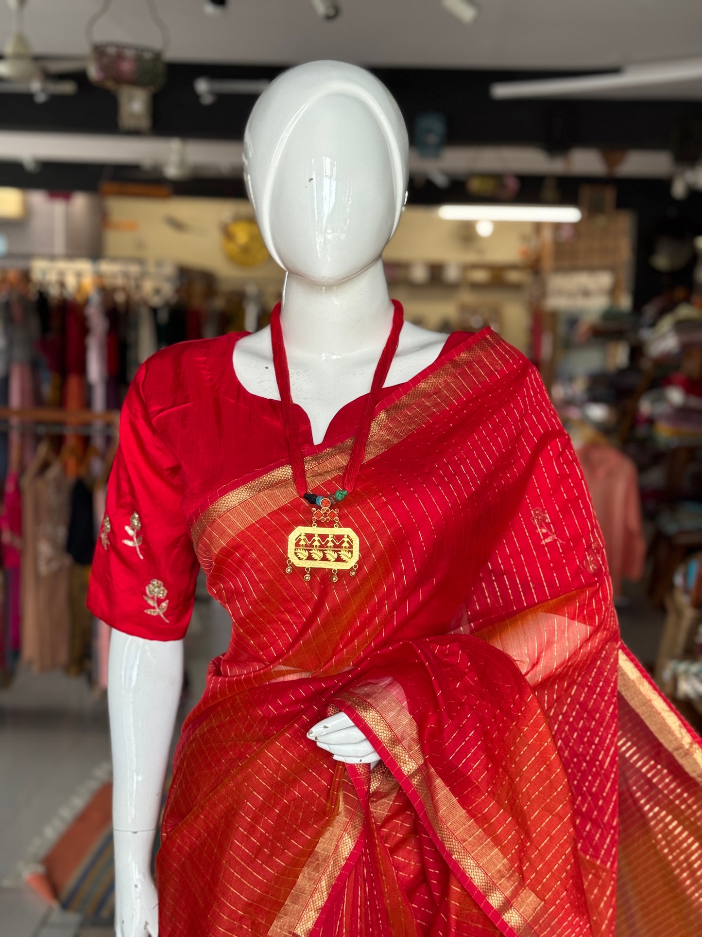 Red n orange all over stripes silk cotton Maheshwari handloom saree