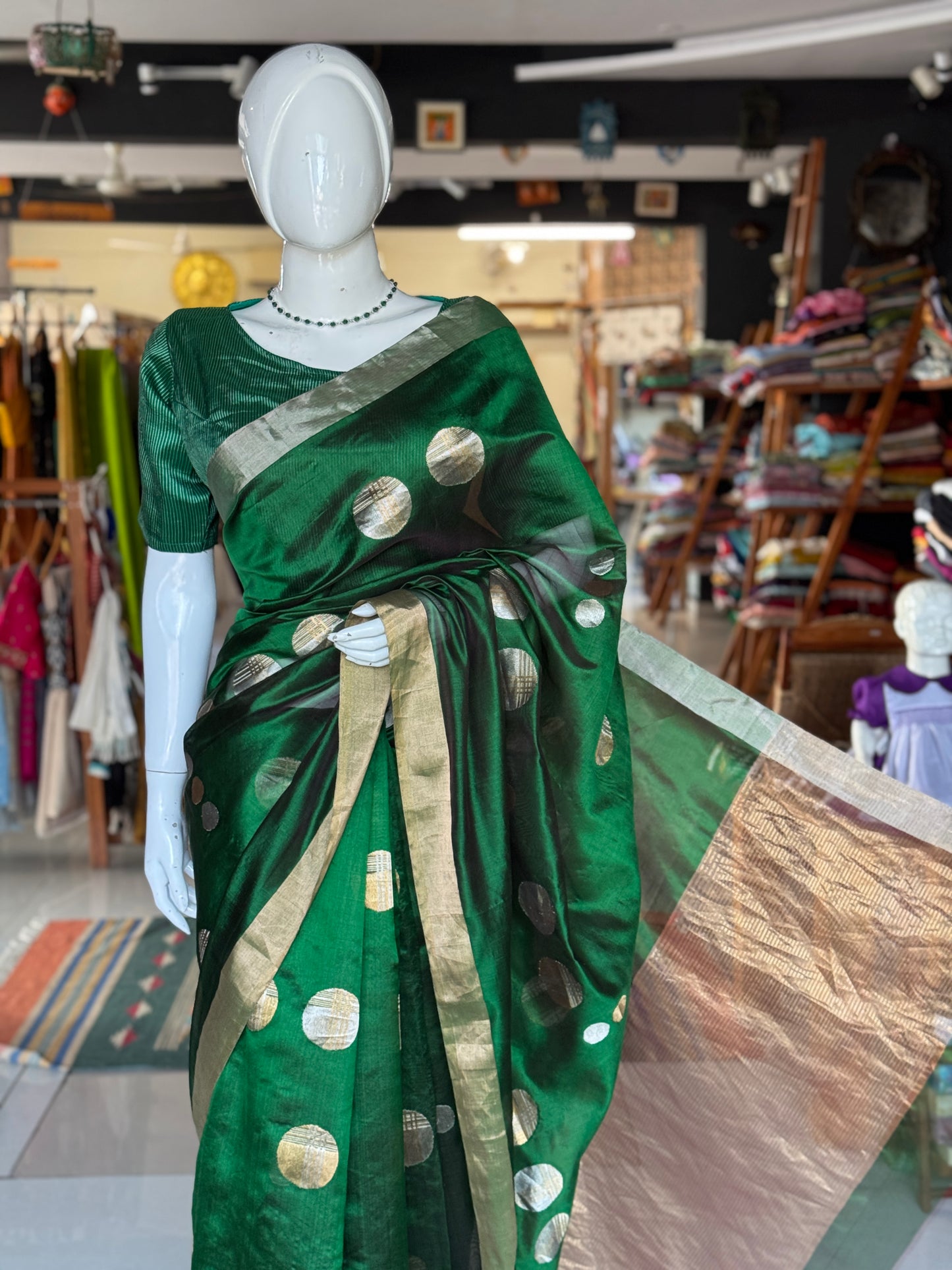 Green Chanderi silk handwoven saree with gold and silver ball butis