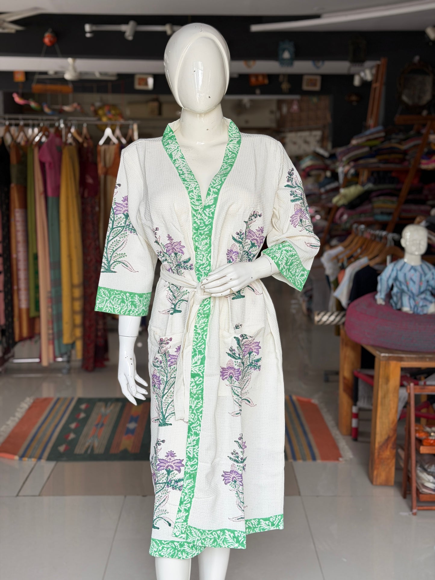 Hand block printed waffle cotton bath robe / swim suit cover up for adults - multiple designs
