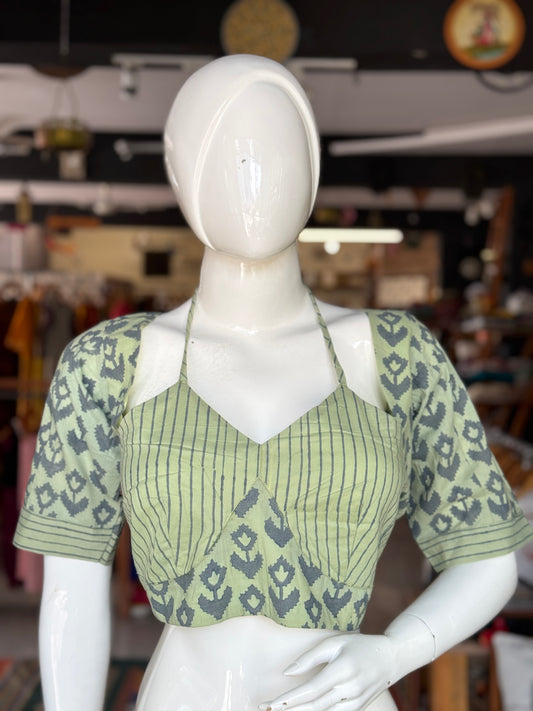 Green handblock printed fancy double blouse style cotton designer blouse