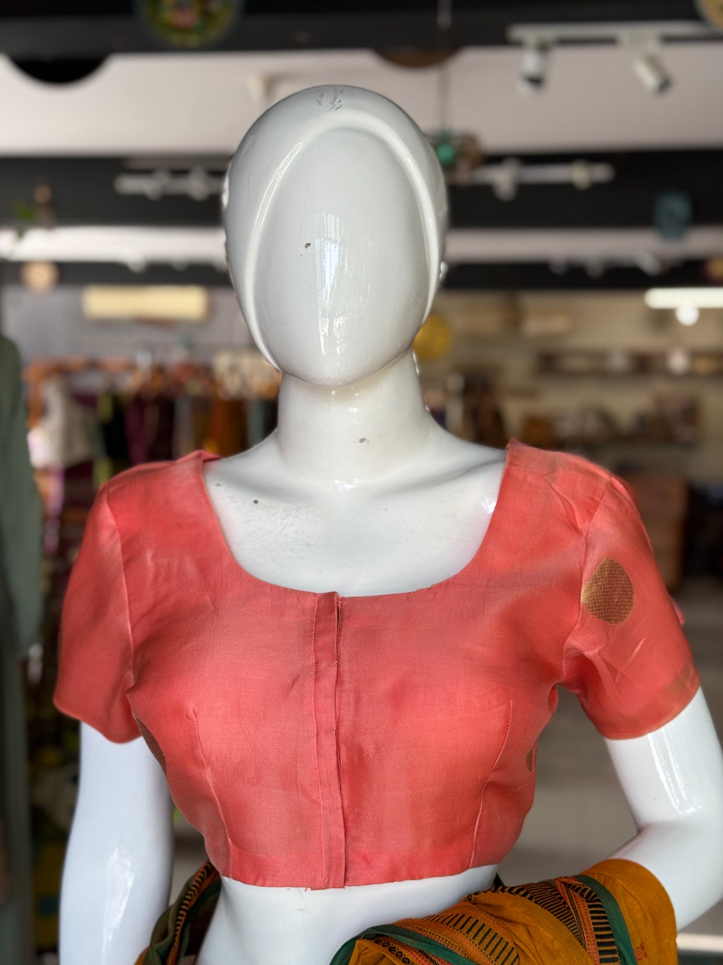 Peach pure silk organza handwoven blouse with gold circle motifs