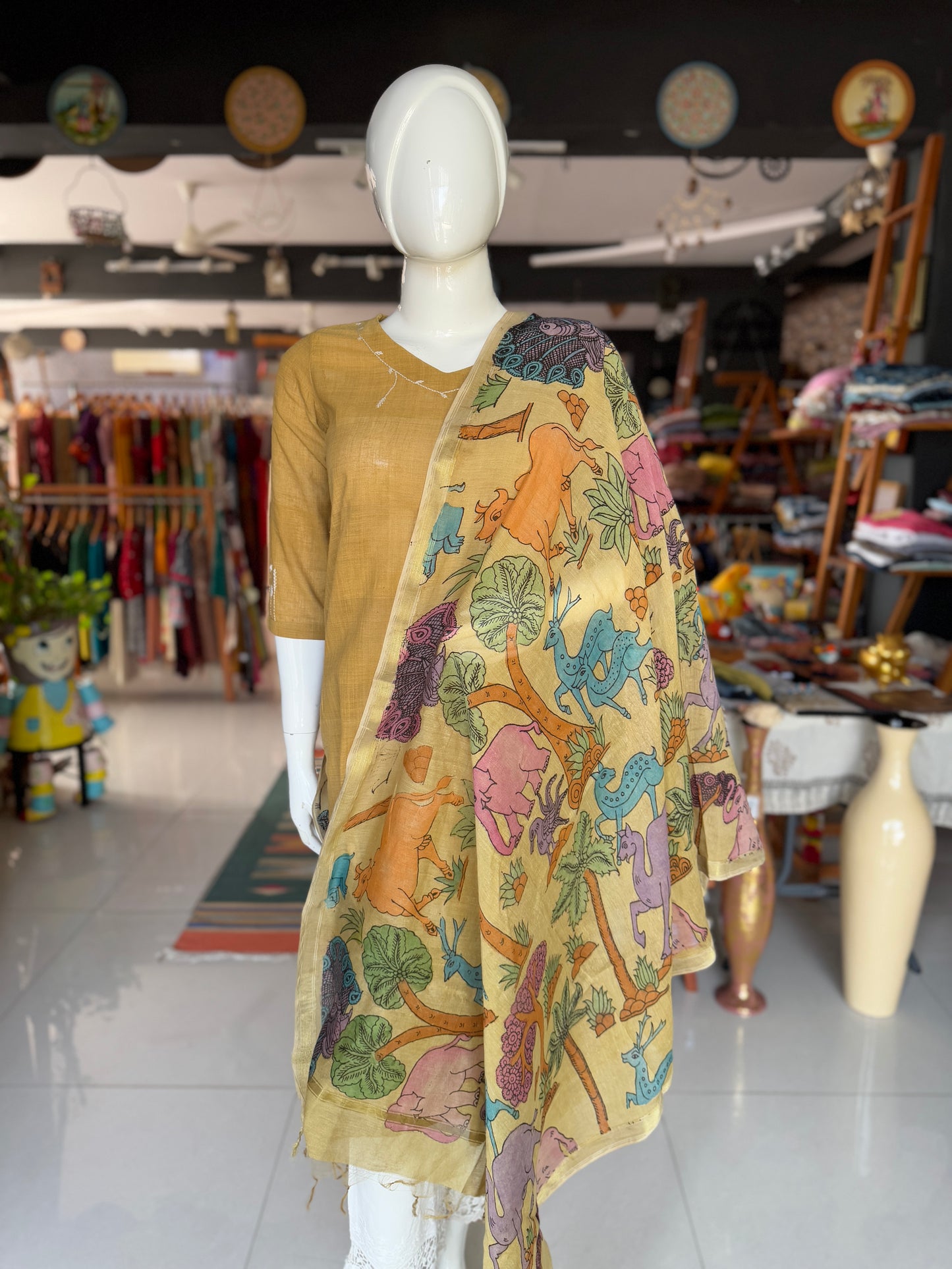 Silk cotton Chanderi hand painted pen Kalamkari dupatta