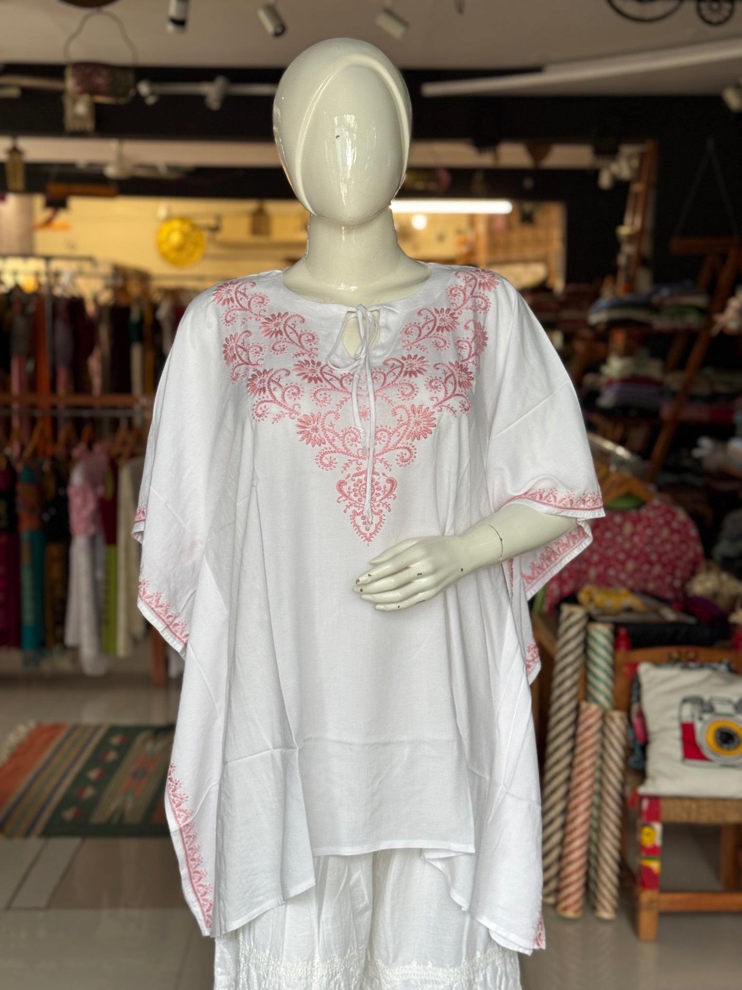 White Chikankari hand embroidered cotton kaftan