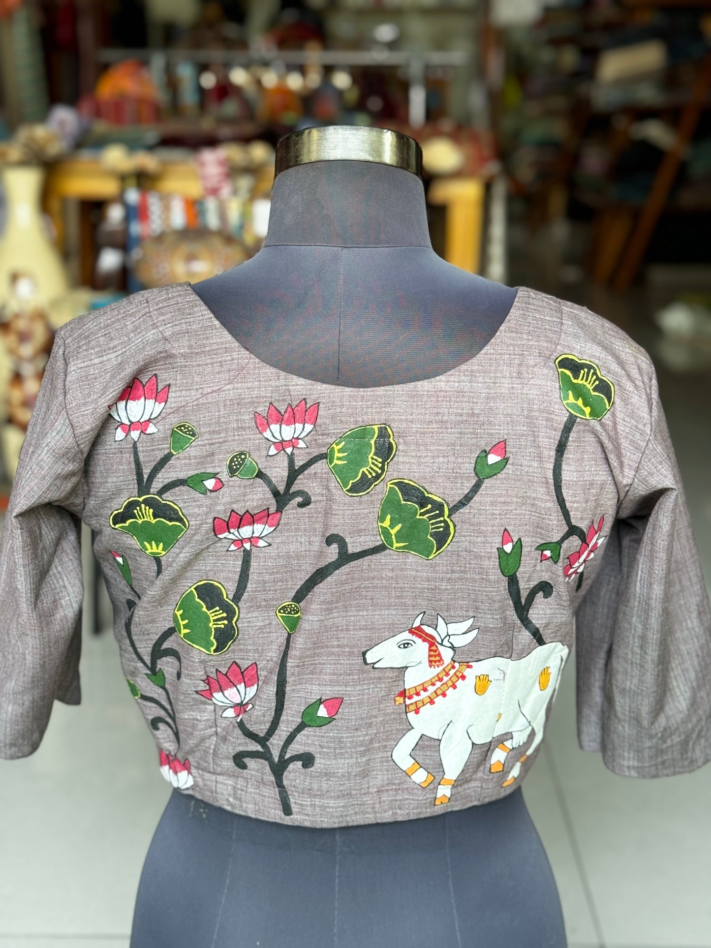 Lavender Pichwai style hand painted front open cotton blouse