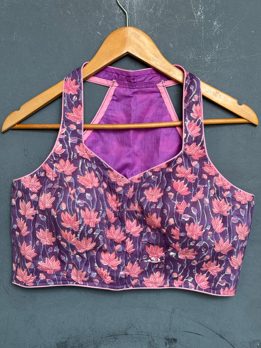 Violet floral hand block printed cotton halter neck blouse