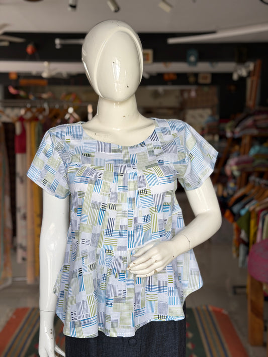 White tiered frills cotton top - hand block printed with blue green lines