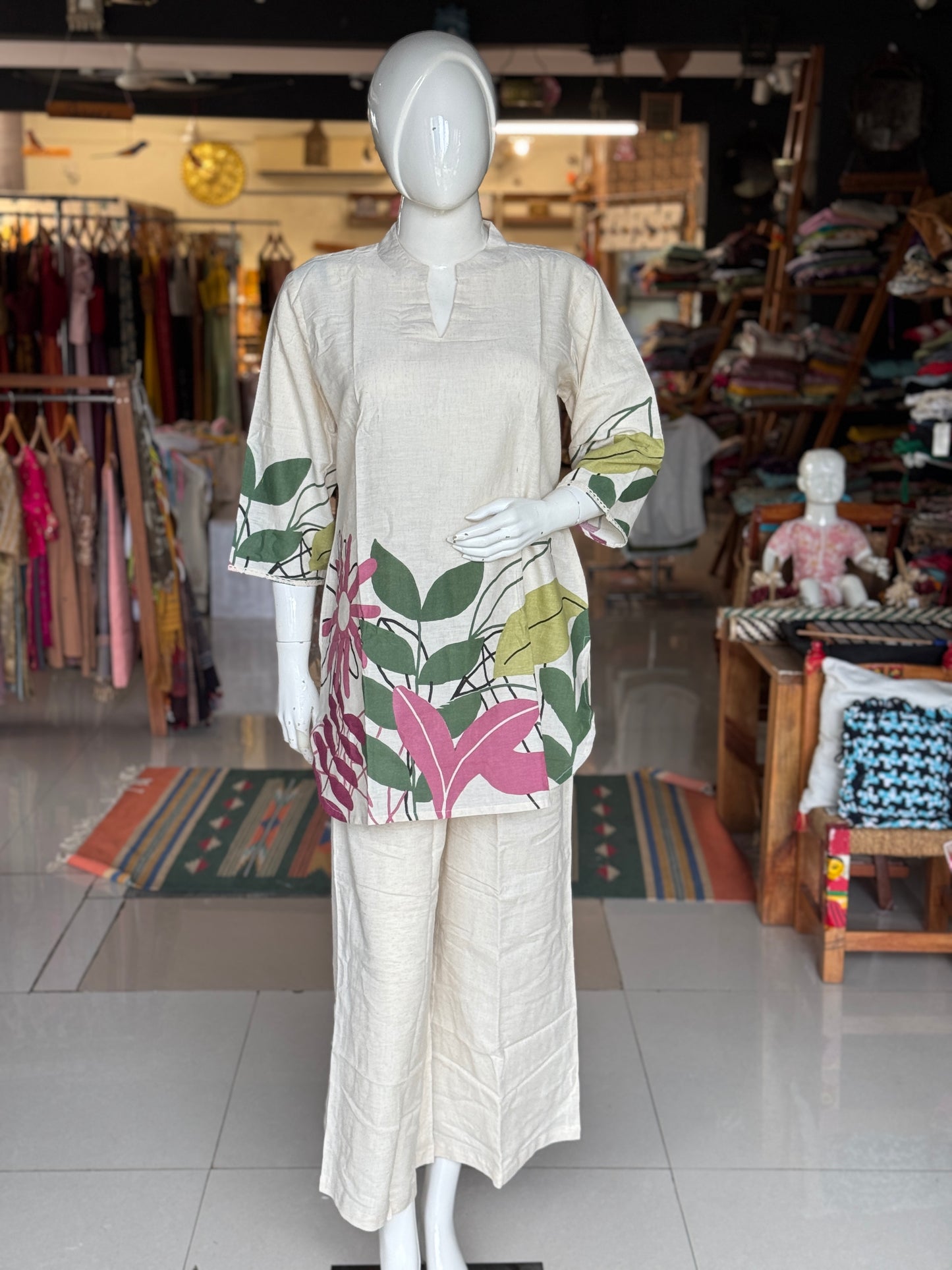 Off white v-neck cotton top with long sleeves and pants - coord set - click to see designs and sizes
