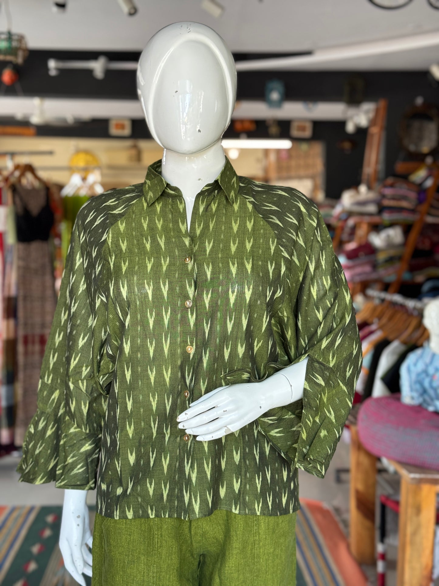 Green cotton hand woven Ikat shirt - click to see designs
