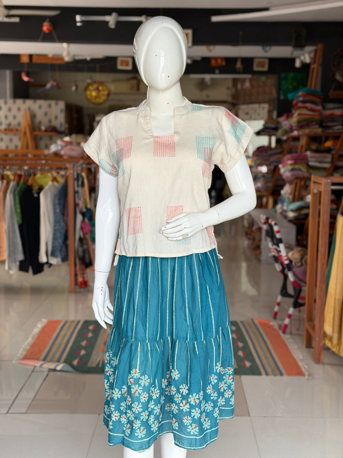Off white hand woven cotton top with orange and teal woven squares