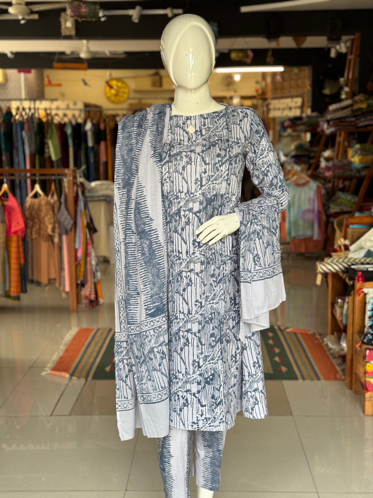 Greyish blue leaf pattern soft batik cotton a-line kurta, dupatta and pants -  3 piece suit set
