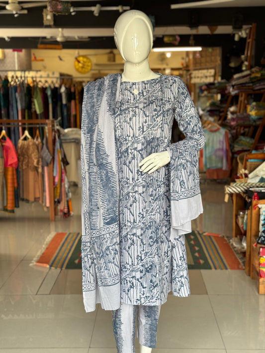 Greyish blue leaf pattern soft batik cotton a-line kurta, dupatta and pants -  3 piece suit set