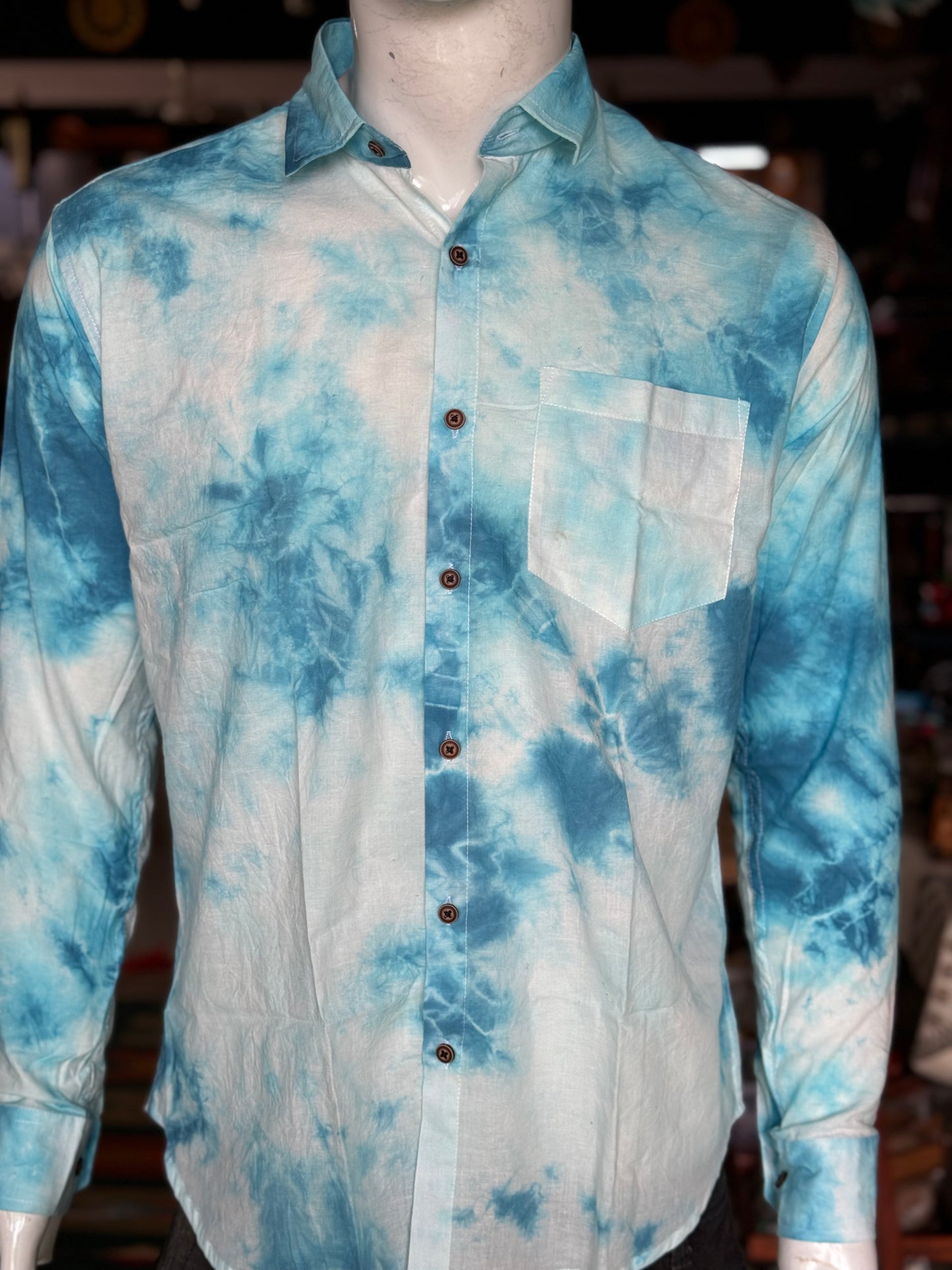 White and blue tie n dye full sleeves cotton shirt for men