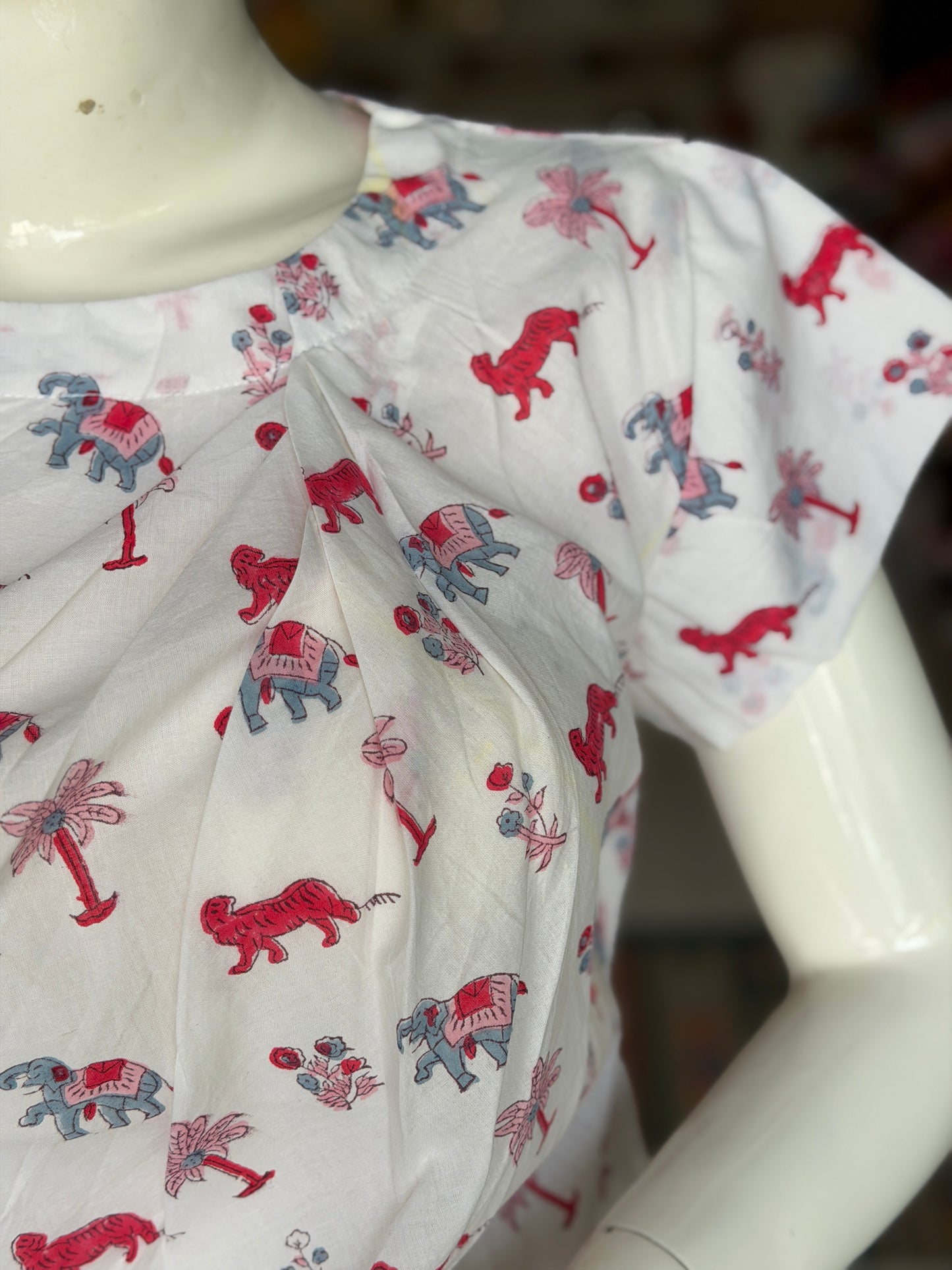 White animal print cotton top - hand block printed with asymmetric pleats