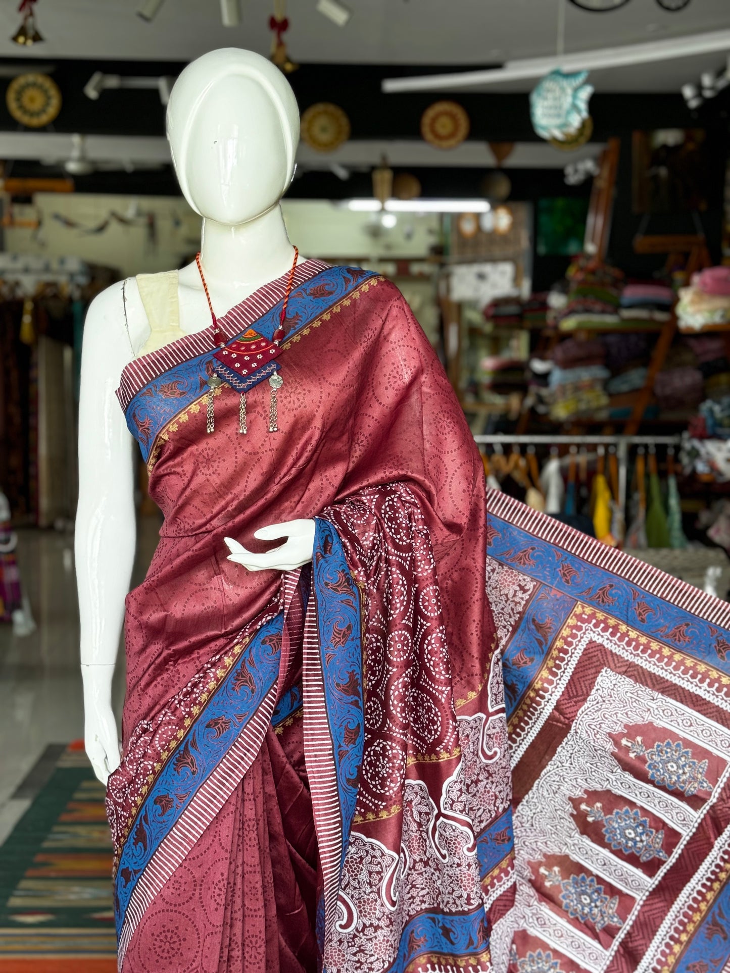 Wine shade hand block print silk cotton saree