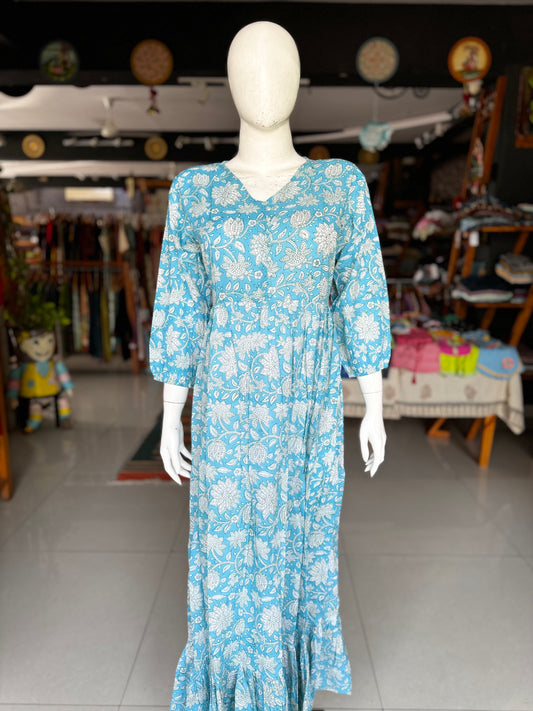 Light Blue floral long maxi cotton dress with gathers