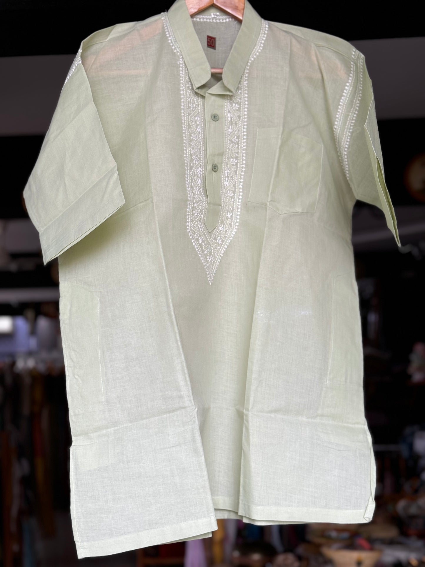 Chikankari hand embroidery cotton half sleeves short kurta for men