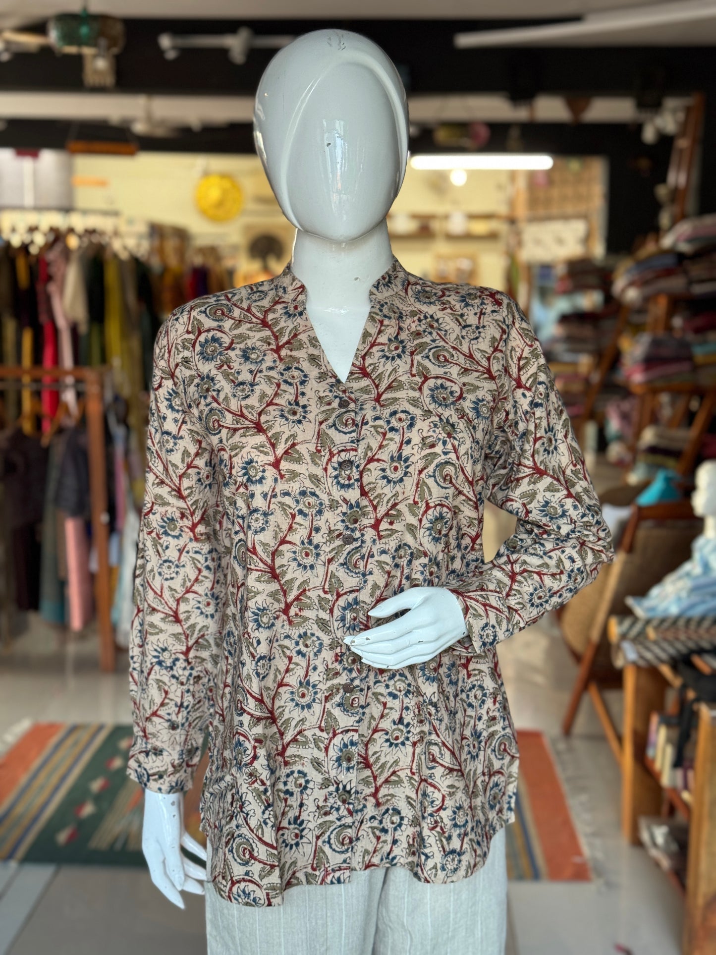 Off white Kalamkari floral Chinese collared top with V-neckline - hand block printed, Hand spun, hand woven cotton