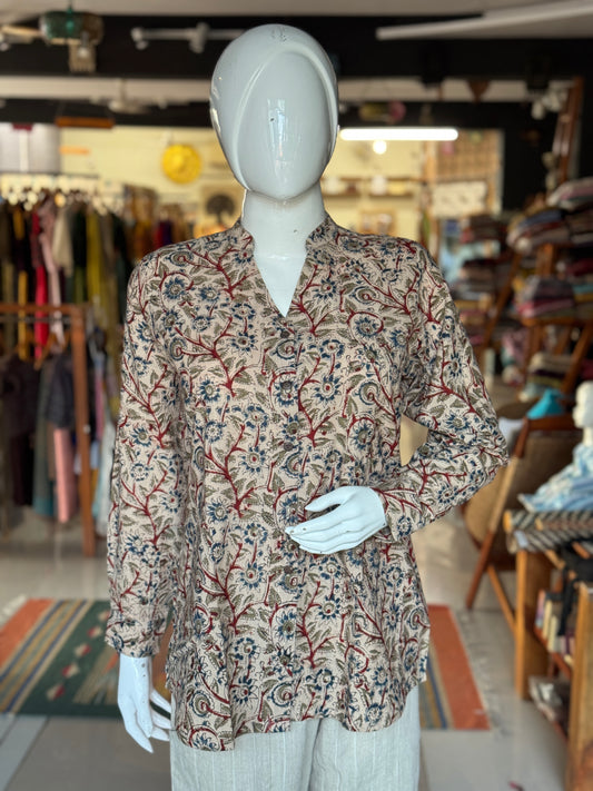 Off white Kalamkari floral Chinese collared top with V-neckline - hand block printed, Hand spun, hand woven cotton