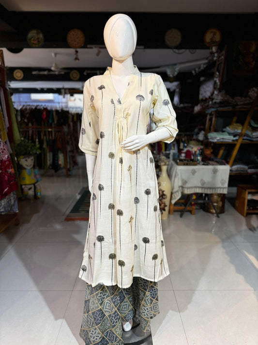 Off white rayon front pleated flowy dress / kurti