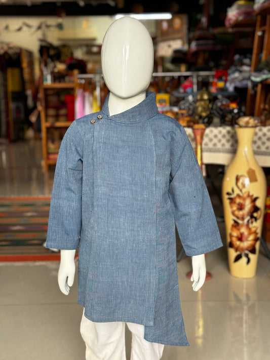 Indigo stripes handwoven natural dyed cotton long kurta for boys with side buttons