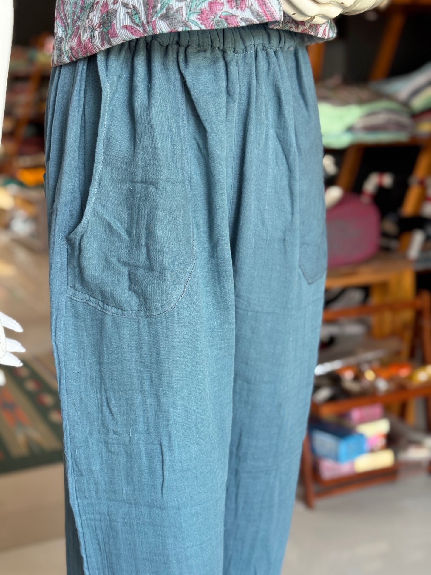Teal blue soft double cotton pants for women - relaxed fit