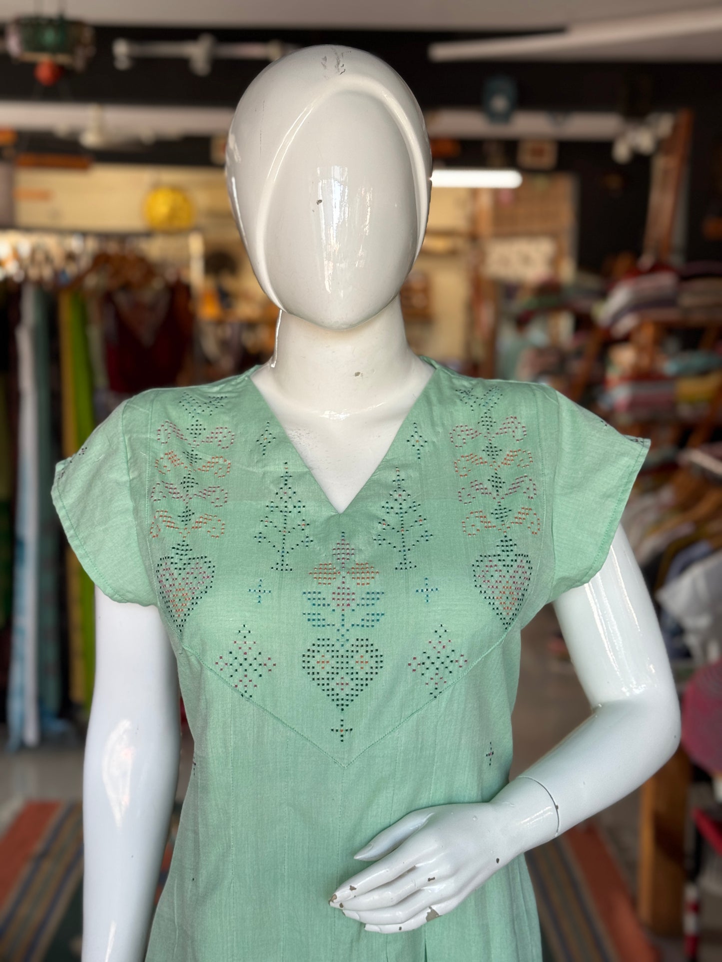 Pista green Tangaliya handwoven cotton dress with box pleats