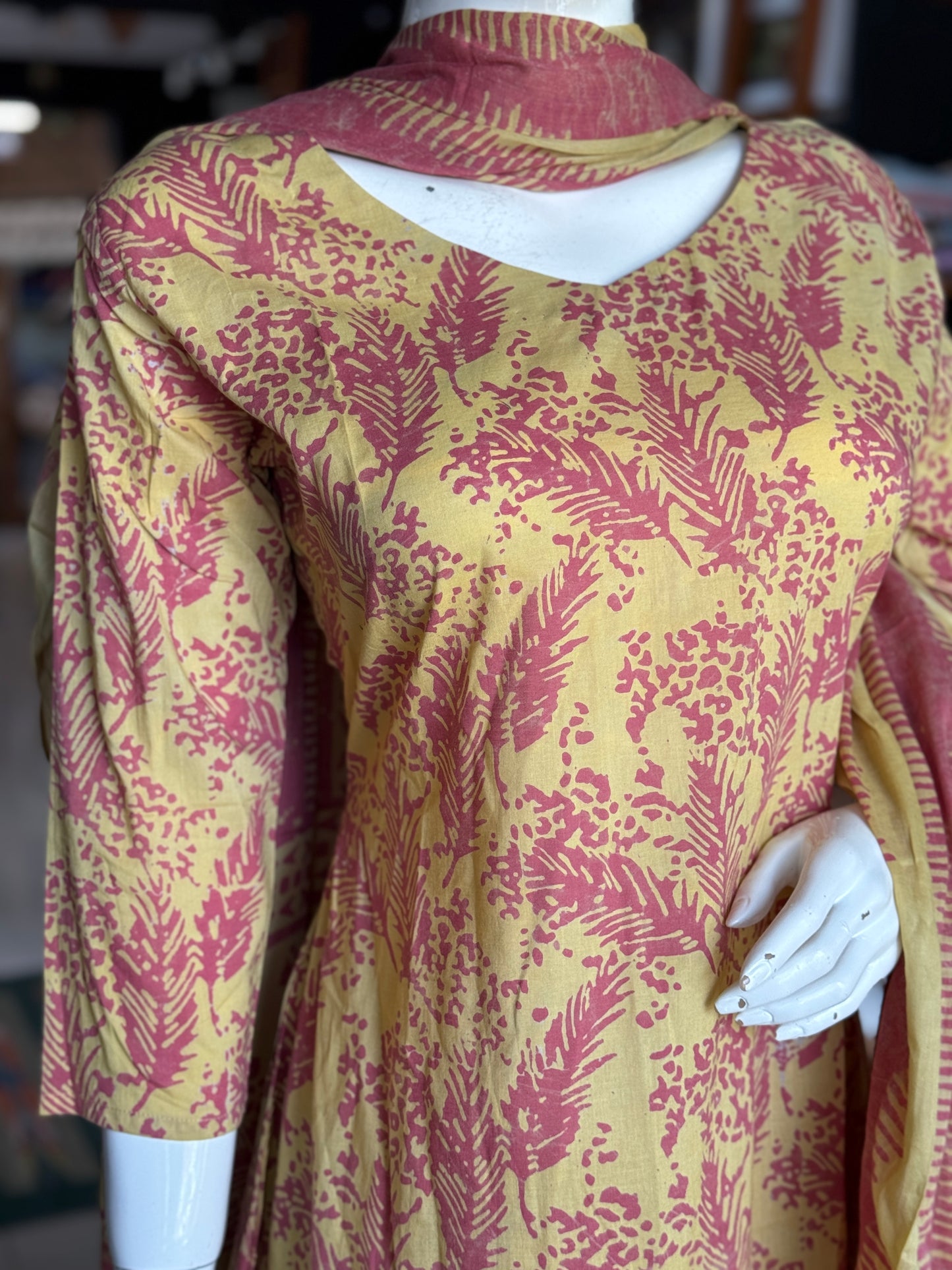 Yellow and pink leaf pattern soft batik cotton A-line kurta, dupatta and pants -  3 piece suit set