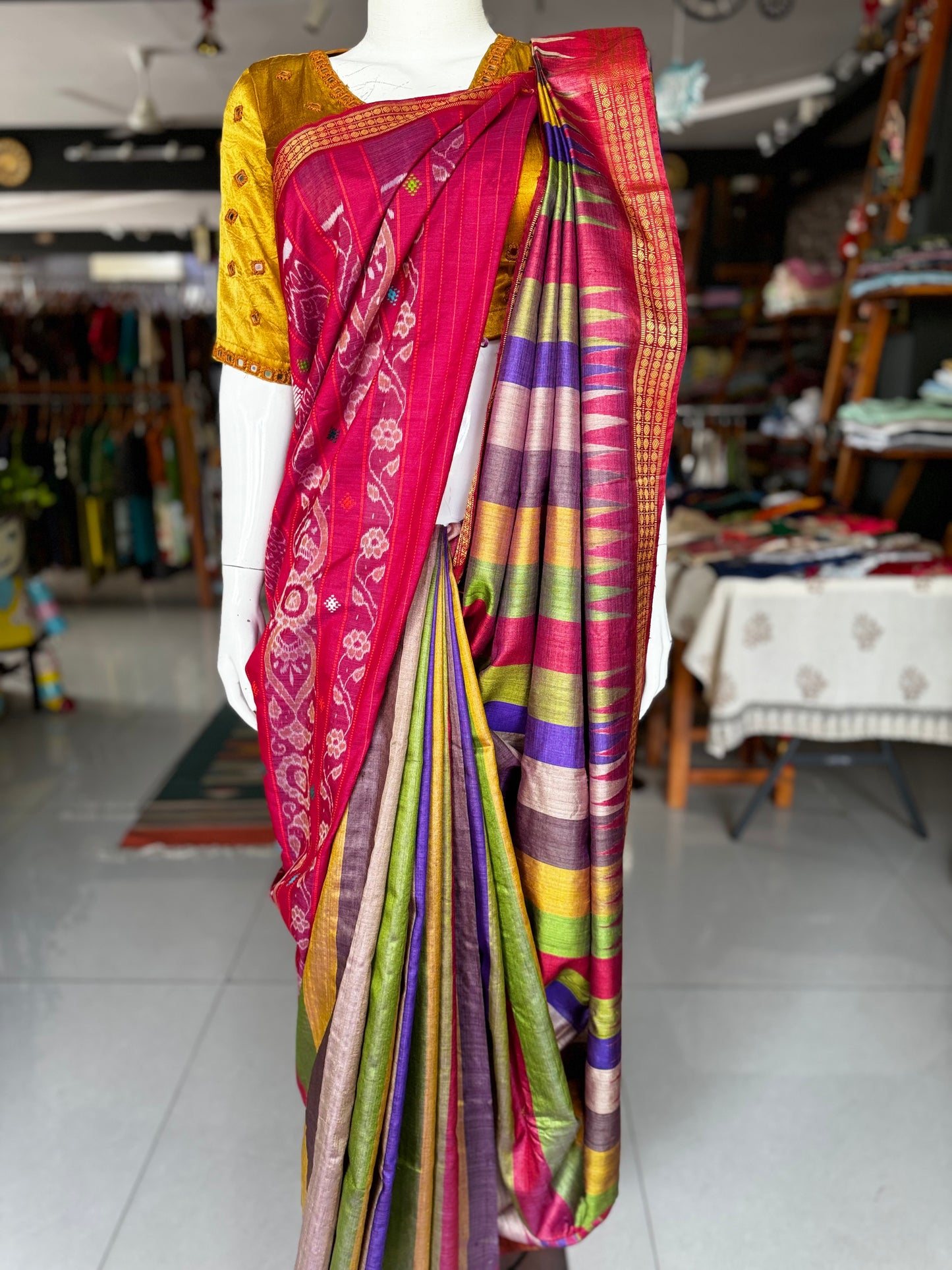 Colourful stripes tussar silk handloom saree with Ikat and hand motifs pallu