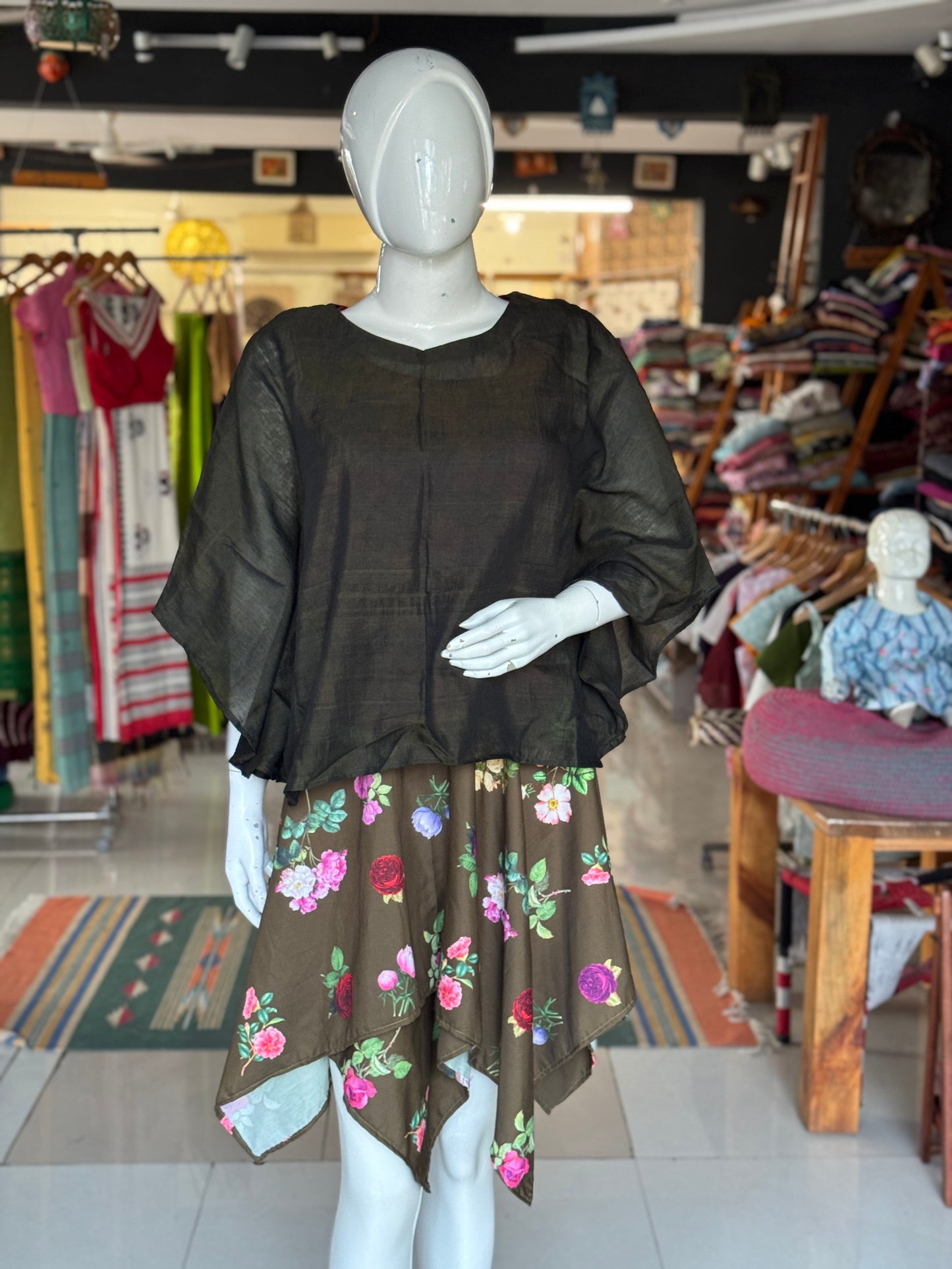 Moss green handwoven silk cotton top with fancy sleeves