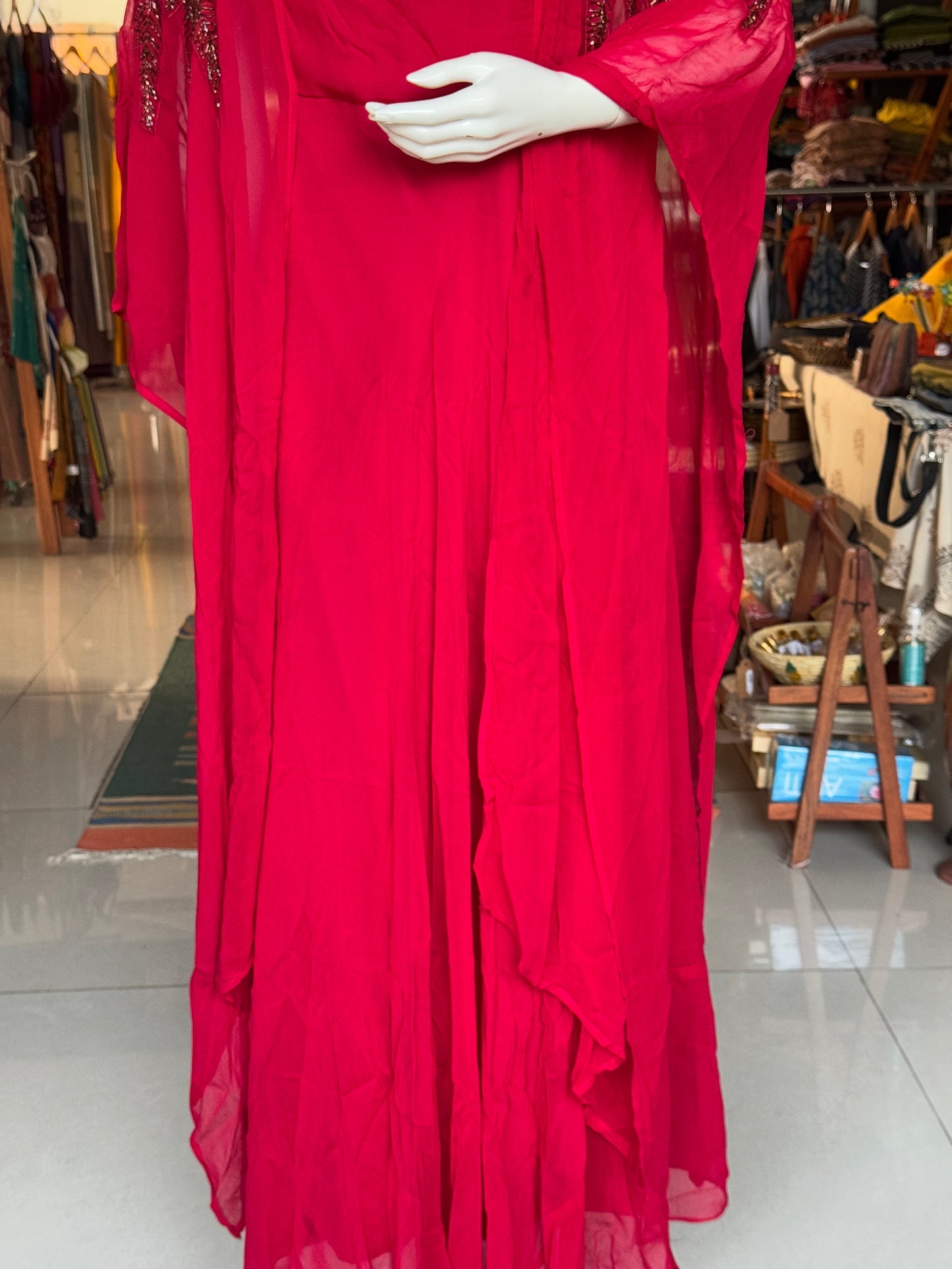 Red embroidered Georgette long dress with fancy sleeves - party outfit