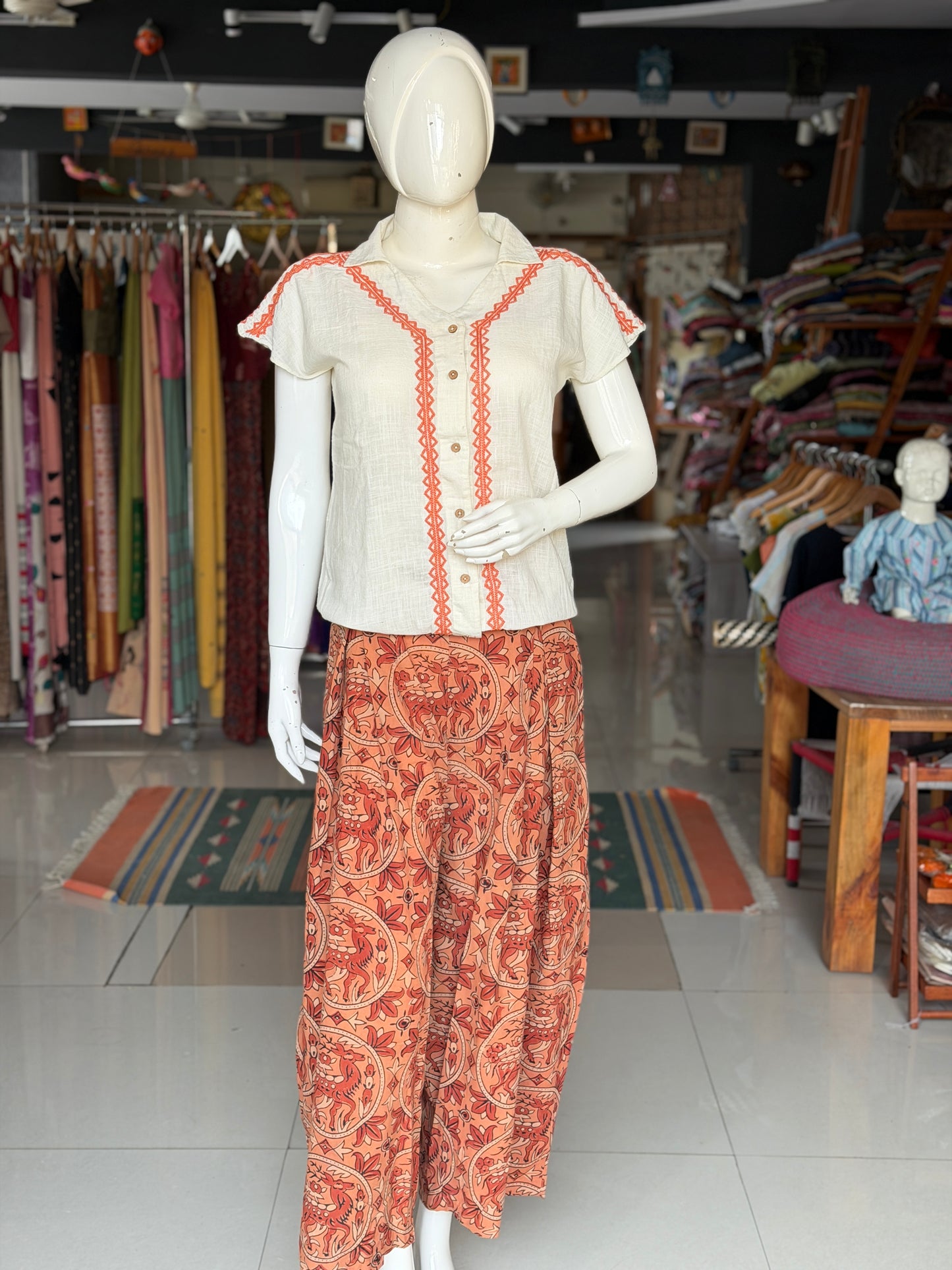 Rust orange deer hand block printed cotton barrel pants
