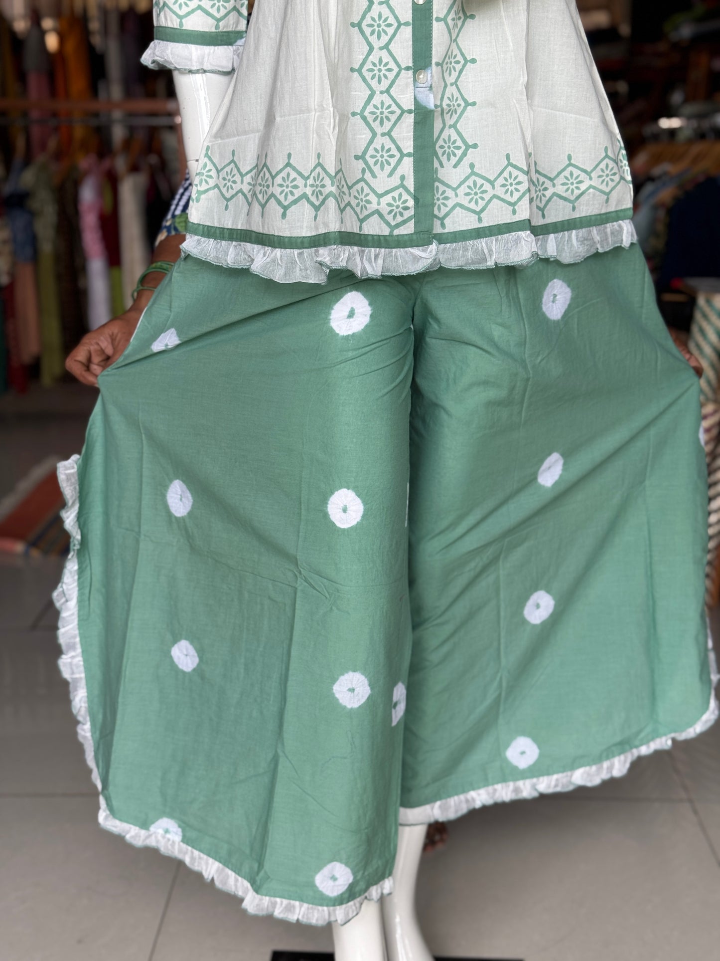 White n sea green hand block printed cotton top, stylish flared pants - 2 piece set