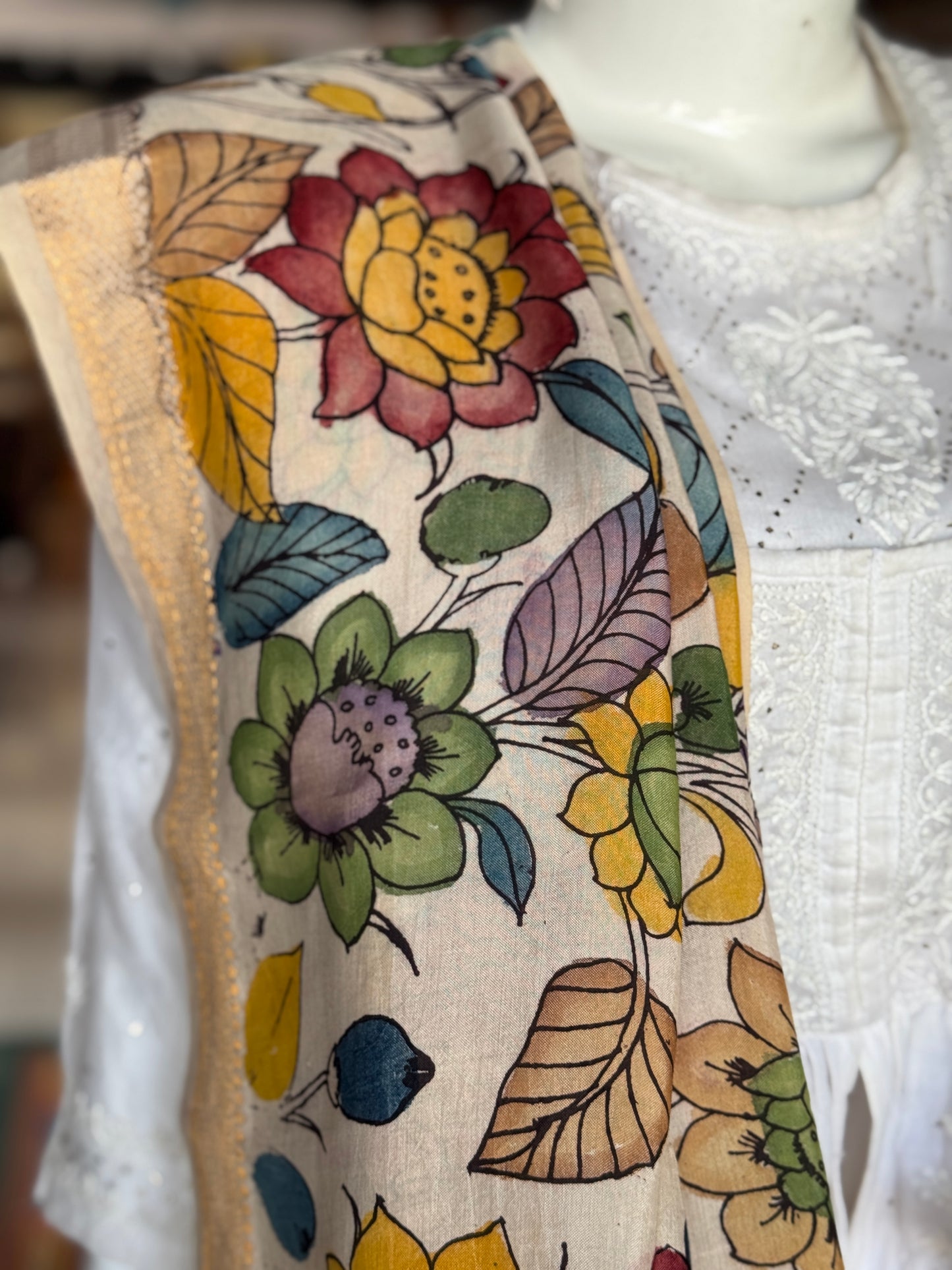 Colorful floral handpainted on Cream base Bangalore silk dupatta